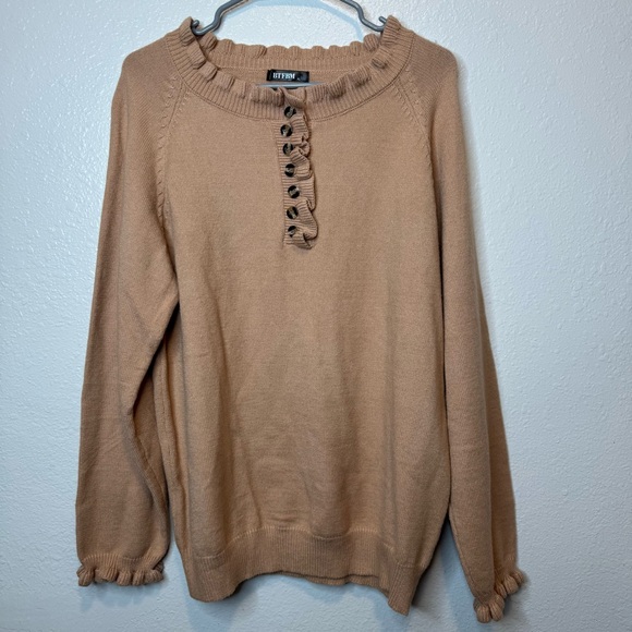 BTFBM Ruffle Trim and Quarter Button Sweater Oatmeal Size Extra Large XL - Picture 1 of 7